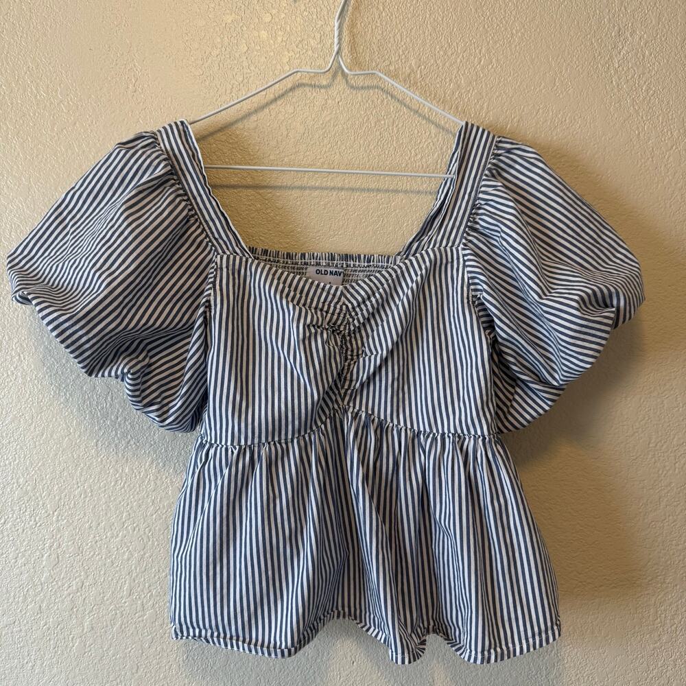 Old Navy Blue and White Striped Puff Sleeve Peplum Top